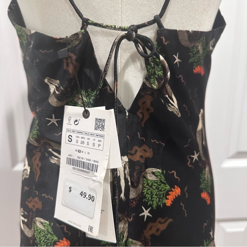 NWT Zara Black Satin Slip Dress Spaghetti Straps Mermaid Print Sexy Mini Size S - Picture 5 of 13